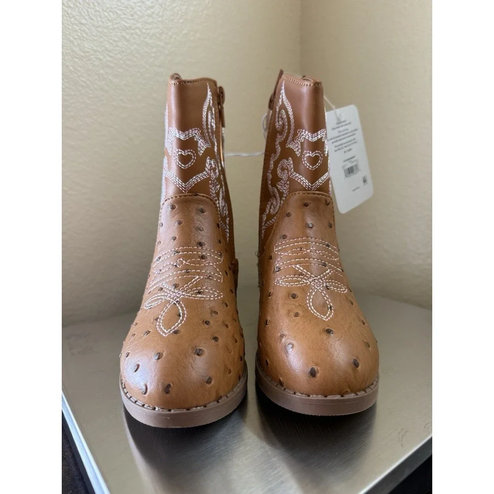 NWT PAWZ Girls Sz 12 Faux Ostrich Cowgirl Boots Brown Pink Heart Stitch Western